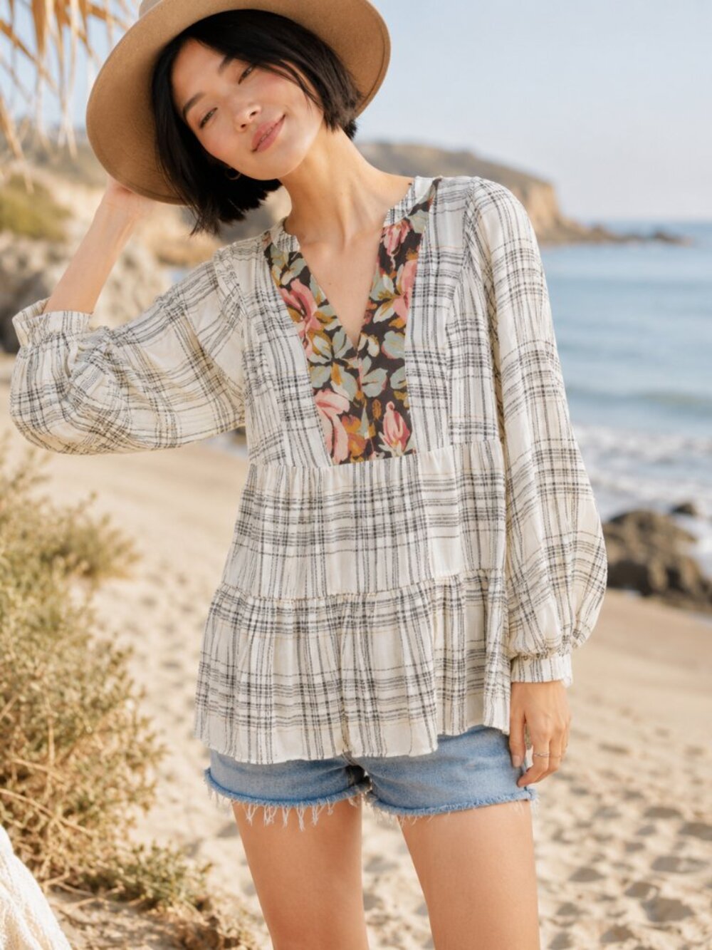 Anthropologie Darlene Plaid Peasant Floral Popover Tunic